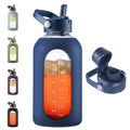 Navy Blue 64 oz Glass Water Bottle with Detachable Straw & Time Marker