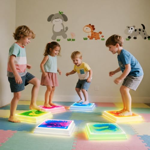 Liquid Light-Up Stepping Stones for Kids 12-Inch Square, Colorful 4-Pack