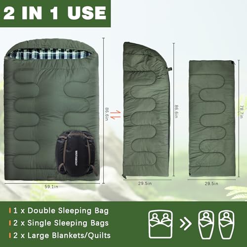WKFAMOUT Olive Double Sleeping Bag for Adults, 2 Person Cold Weather Camping