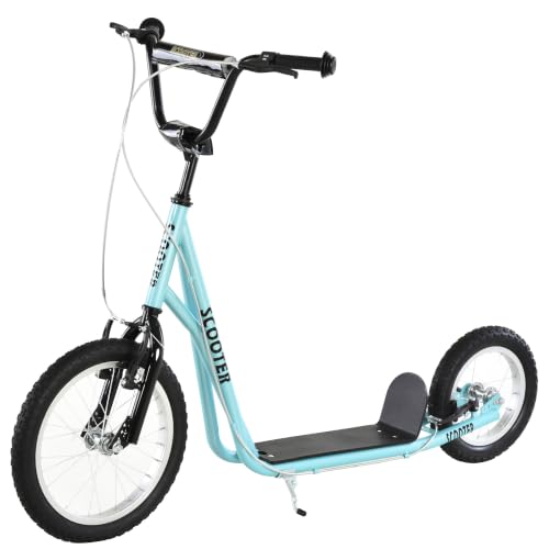 Aosom Youth Kick Scooter for Teens - Adjustable Handlebar, Blue, 16" Front & 12" Rear Inflatable Wheels, Dual Brakes, 5+