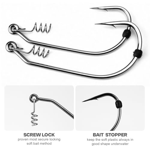 Flipping Worm Hooks with Screw Lock 40/40pcs Mix - Heavy Shank Bass Hooks for Texas & Carolina Rig Fishing
