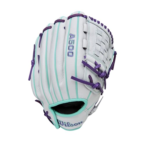 Wilson 2026 A500 Siren 12 Inch Fastpitch Softball Glove - Right Hand, White/Seafoam/Purple
