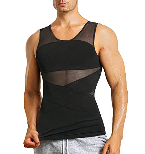 Mens Compression Tank Top Shapewear Body Shaper Vest XL Black - Tummy Control