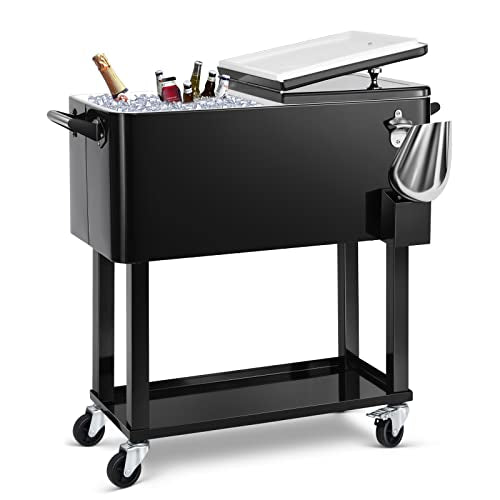 80 Qt Rolling Ice Chest Cooler Cart - Black, Portable Beverage Trolley