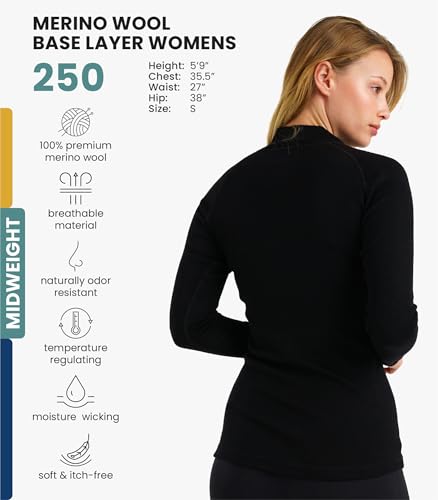 Merino.tech Women's Medium Black 100% Merino Wool Quarter Zip Sweater & Thermal Socks Set