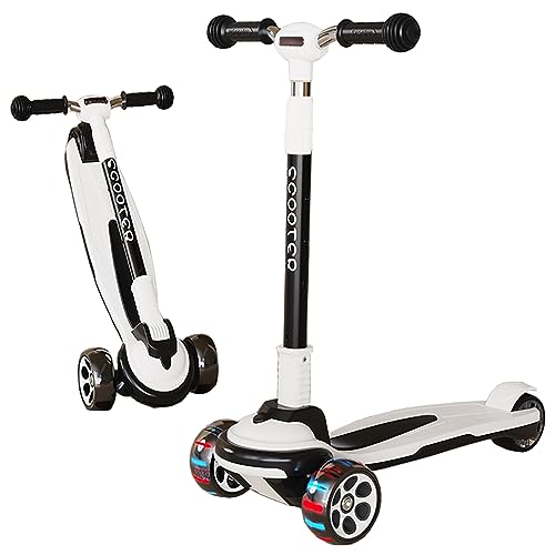 Kids Kick Scooter with 3 LED Light Wheels, Adjustable Height, Foldable, Black & White, for Ages 3-12