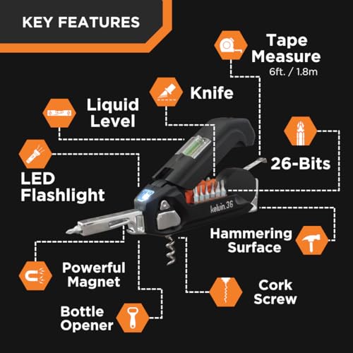 Multi Tool Screwdriver Set with Tape Measure & Hammer - Black - Kelvin 36 Urban
