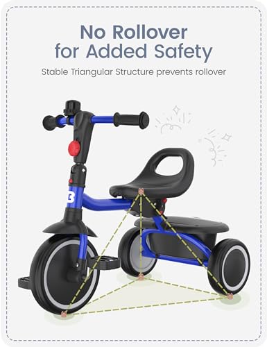 Besrey Toddler Tricycle with Bell for 18 Months to 5 Years - Safe, Adjustable, Foldable Kids Bike