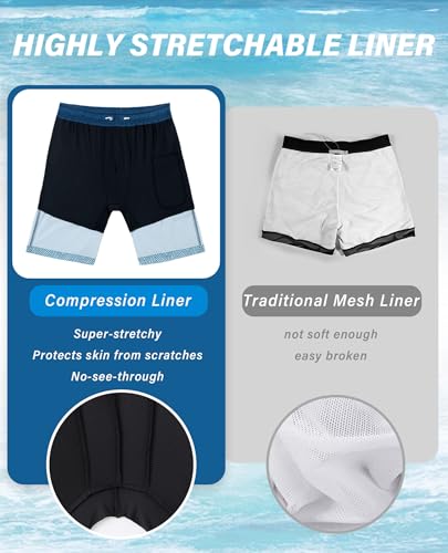 Men's 9 Inch Swim Trunks with Compression Liner - Large Blue Stripe Gradient