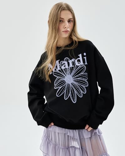 Women's FLOWERMARDI Sweatshirt Black Lightpurple One Size Cotton Crewneck