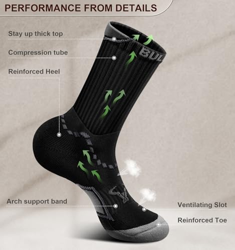 Men Cushioned Compression Crew Socks 6 Pack for Running Gym Sports - Black 11-13