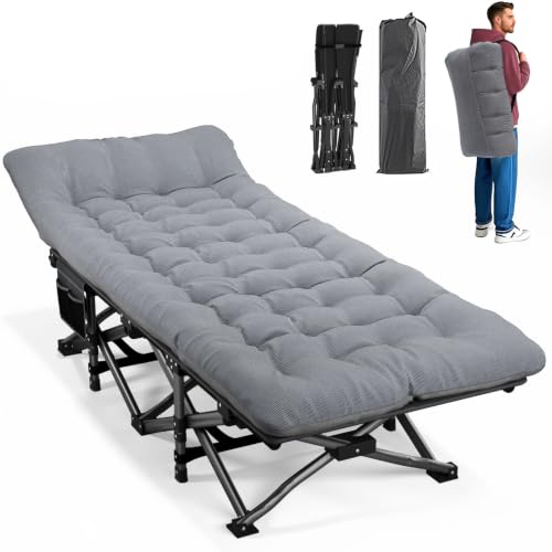 Adult Camping Cot with Cushion - Foldable Bed, Grey Portable Rest
