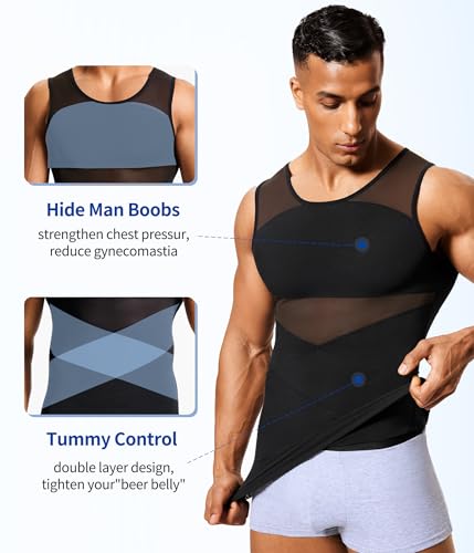 Mens Compression Tank Top Shapewear Body Shaper Vest XL Black - Tummy Control
