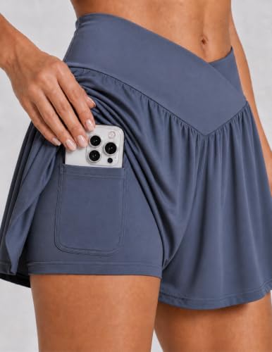 Women's Crossover Flowy Shorts 3-Pack with Pockets - Large Gray Black Slate Blue
