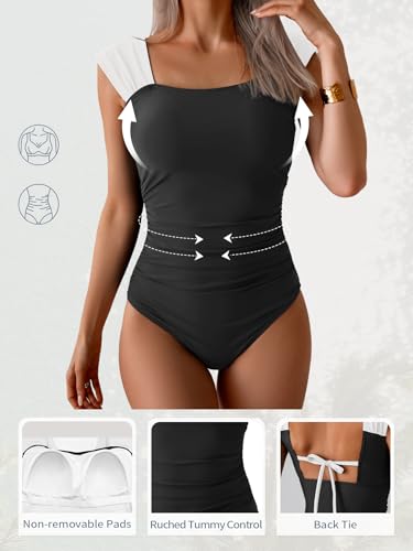 Women's One Piece Swimsuit Tummy Control Full Coverage Bathing Suit Large Black & White