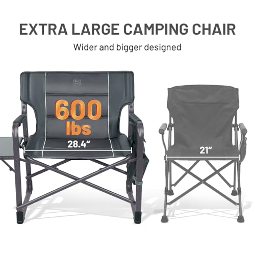 Gray Oversized Camping Directors Chair with Foldable Side Table & 600 Lbs Capacity - Dark Grey