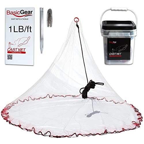BasicGear 10ft Cast Net with 1/4 Inch Mesh and Lead Sinkers for Bait Fishing