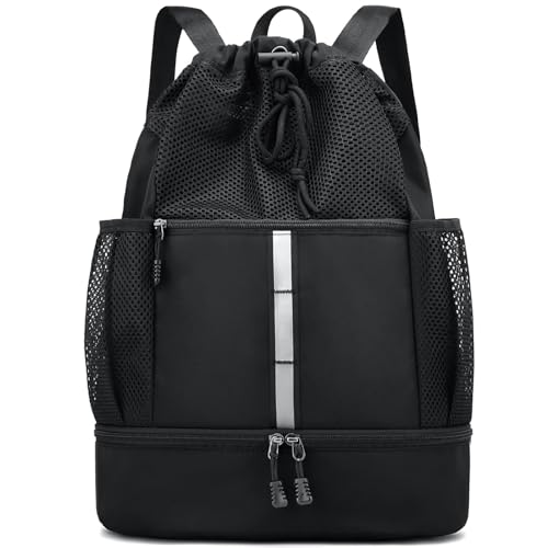 PinCute Drawstring Mesh Gym Backpack with Wet Pocket - Black
