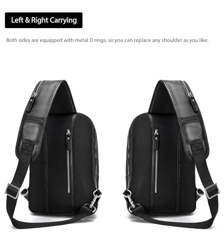 LANNSYNE Black Full Grain Leather Sling Bag for Men - Fits 12.9-inch iPad Crossbody Chest Pack