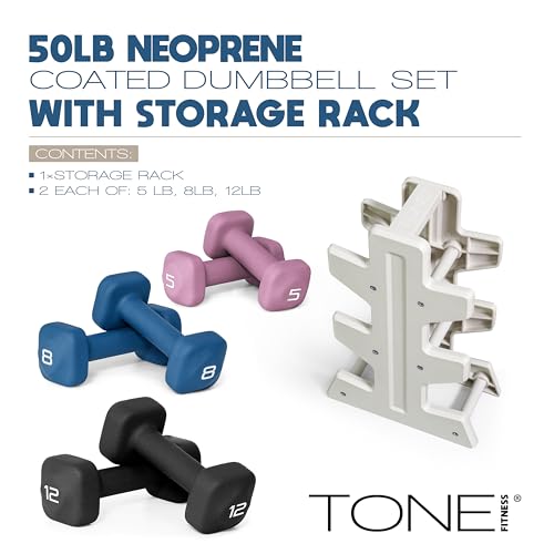 Tone Fitness 50 lb Neoprene Dumbbell Set with Storage Rack - Non-Slip, Anti-Roll Hand Weights