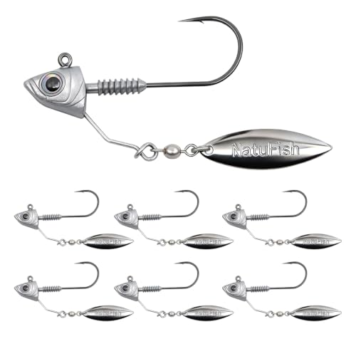 Natufish Underspin Jig Heads 6Pcs Brass Blade Flash for Bass Saltwater - 1/8 oz / 3.5g