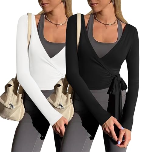 Womens Wrap Tie Top - Y2K Long Sleeve Ballet Pilates Yoga Workout Shirt