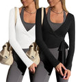 Womens Wrap Tie Top - Y2K Long Sleeve Ballet Pilates Yoga Workout Shirt