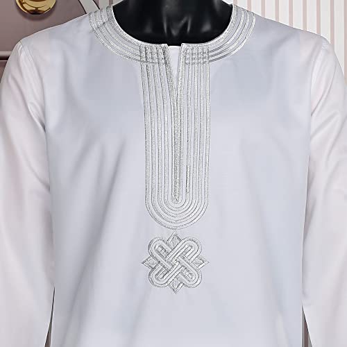 HD African Mens Agbada Outfit Set 3 Pieces White 4X-Large Embroidered Dashiki Shirt and Pants