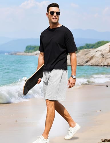 Flygo Men's 3 Pack Athletic Sweat Shorts - Acid Washed with Pockets - Large / Black Light Grey Green