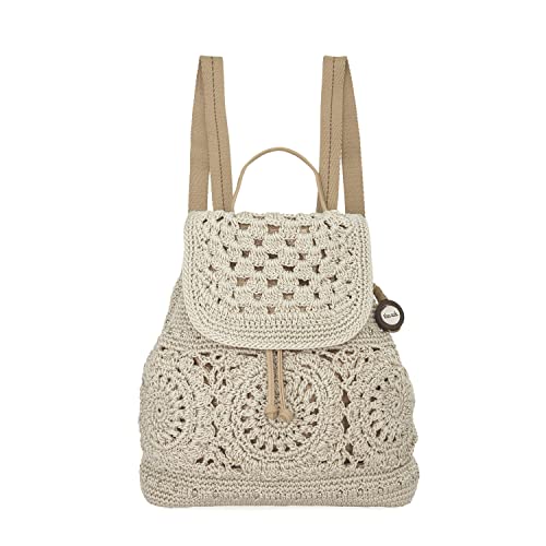 Natural Medallion Crochet Backpack for Women - Adjustable & Removable Straps