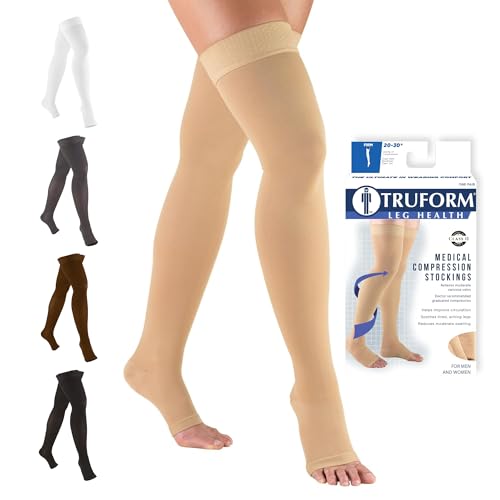Truform 20-30 mmHg Compression Stockings Thigh High Open Toe Beige Medium