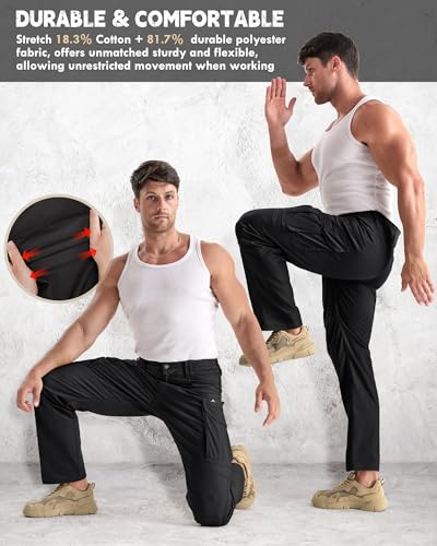 Men's Stretch Tactical Cargo Work Pants - 9-Pocket Ripstop, Black, 36W x 32L