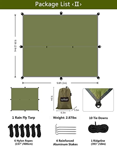 Sunyear Double Camping Hammock with Rain Fly Tarp and Net - Green Bundle 78"W x 118"L