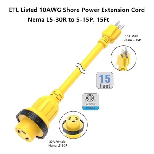 15Ft Marine & RV Power Extension Cord - 15 Amp to 30 Amp NEMA 5-15P to L5-30R