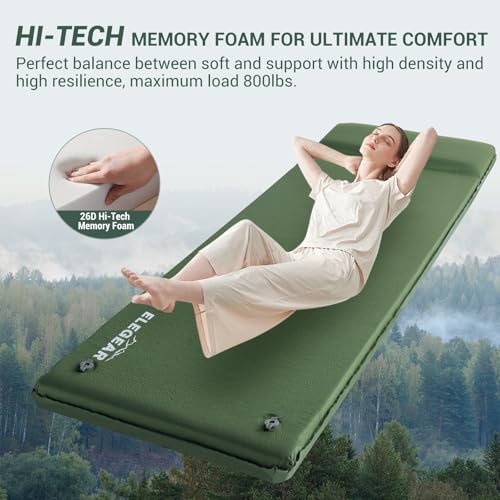 Elegear Army Green Self-Inflating Sleeping Pad with Pillow 26D Memory Foam, 3.15'' Thick, Single