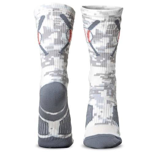 ChalkTalkSPORTS Cushioned Mid-Calf Crew Baseball Socks - Red Navy Crossed Bats (Small / Digital Camo)