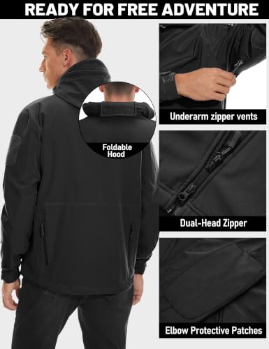 Men's Fleece Softshell Jacket Waterproof Winter Tactical Hooded - Large, Black