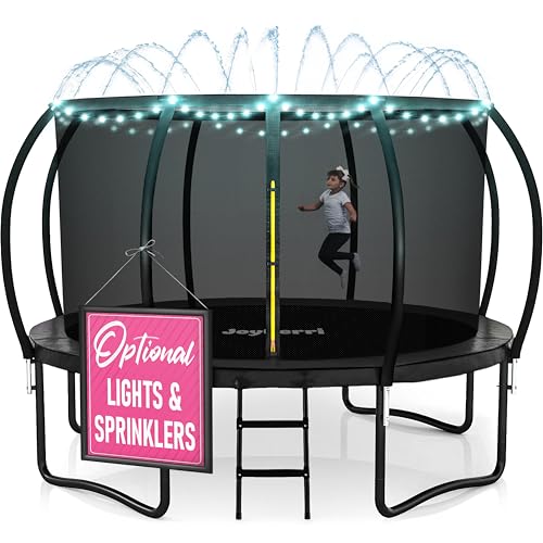 Black 12FT Outdoor Trampoline with LED Lights, Safety Net, Ladder – ASTM Certified