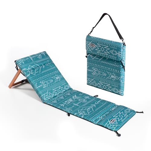 Wacho Blue Green Outdoor Folding Beach Chair with Reclining Wooden Backrest