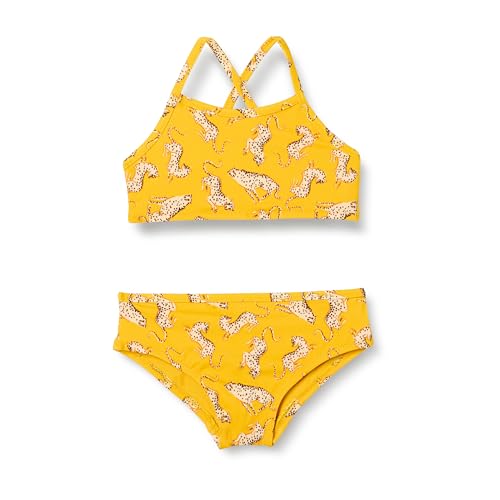 Girls Cross-Back Bikini Set – Quick-Dry Fabric, Small / Golden Yellow Beige Leopard