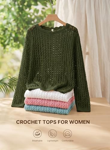 EVALESS Women's Long Sleeve Crochet Top - Hollow Out Knit Sweater Medium Green