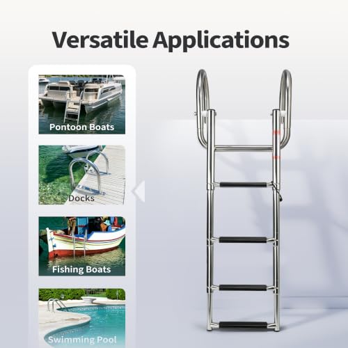 4 Step Pontoon Boat Ladder Stainless Steel Rear Entry Marine - Folding Telescoping Design