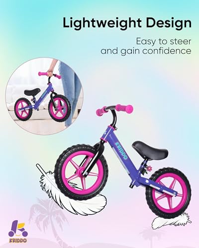 KRIDDO LED Purple Toddler Balance Bike for 2-5 Year Olds – Adjustable & Multi-Terrain