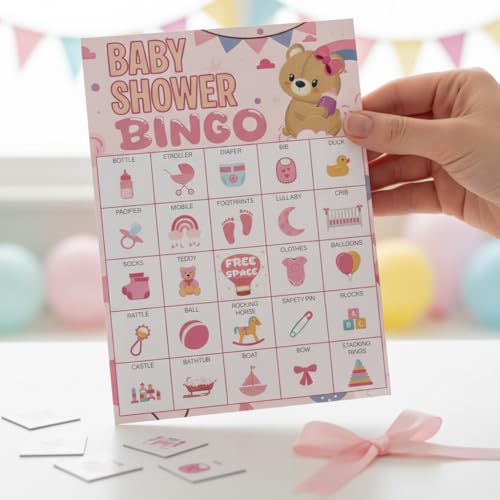 Baby Shower Bingo Game Cards Set Pink Teddy - Family & Party Activity