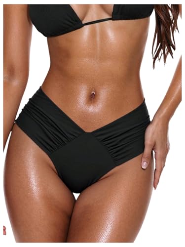 Women's V Cut High Leg Mid Rise Bikini Bottom Swimwear - Medium Black