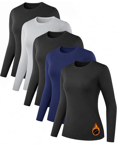 NebuKinex Women's Long Sleeve Thermal Shirt for Winter Baselayer - Medium, Black Grey Blue 5 Pack