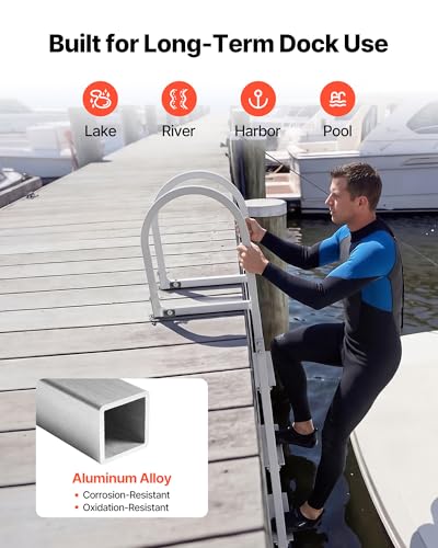 Removable Dock Ladder 4 Steps - Aluminum Alloy Boat & Pool Swim Ladder with Non-Slip Wide Steps, 500 lbs Capacity, Quick Release