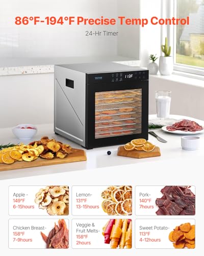 VEVOR Food Dehydrator Machine with 10 Stainless Steel Trays, 1000W Electric Food Dryer, Adjustable Temp & 24-Hour Timer, B Variation