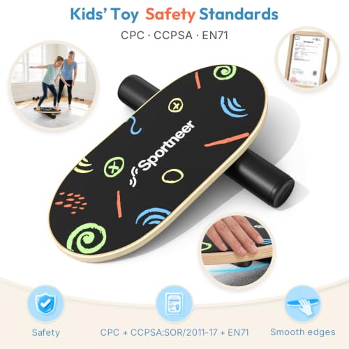 Sportneer Kids Balance Board Doodle Black - Adjustable 4-Mode Wobble Trainer