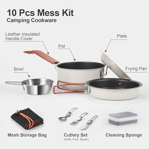 Odoland 10-Piece Camping Cookware Set Cream White Non-Stick Pots & Pans